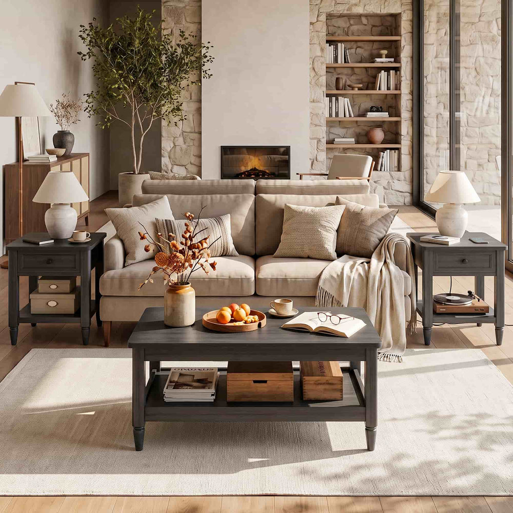 Farmhouse Coffee Table and End Table Set of 3, 40" Coffee Table with Storage & 2 End Tables with Charging Station, Living Room Table Set