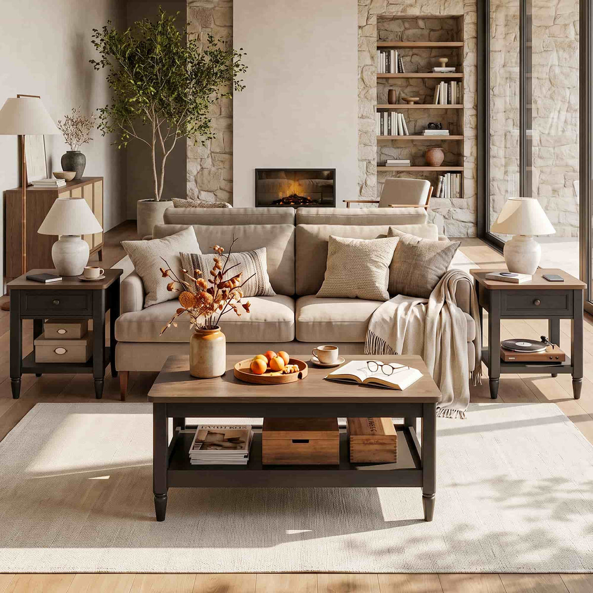 Farmhouse Coffee Table and End Table Set of 3, 40" Coffee Table with Storage & 2 End Tables with Charging Station, Living Room Table Set