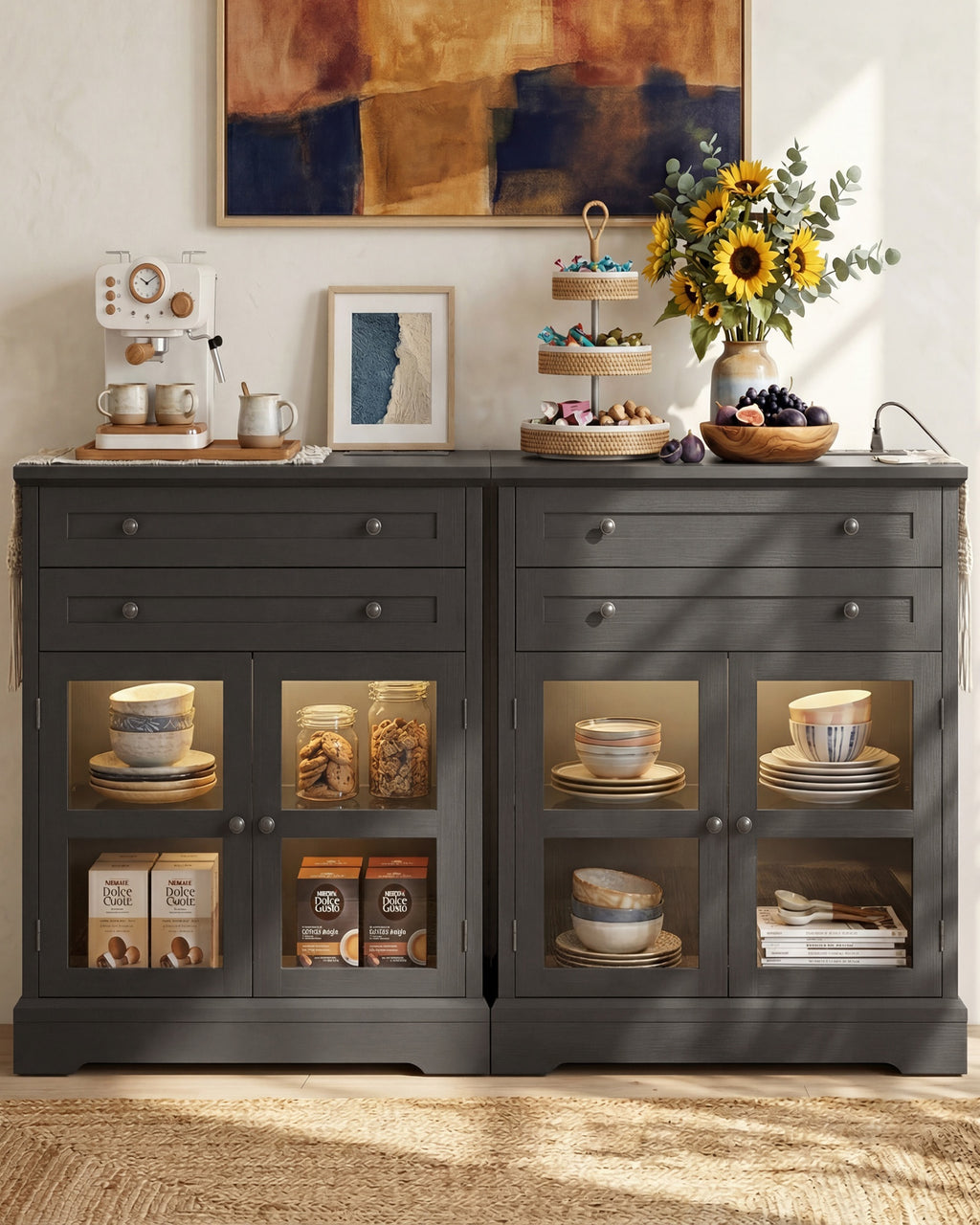 41" Tall Buffet Cabinet with Storage, Modern Farmhouse Sideboard Coffee Bar Cabinet with Built-in Power Outlets & RGB LED Lights, Small Kitchen Accent Cabinet with Glass Doors, 31.5" W, Black