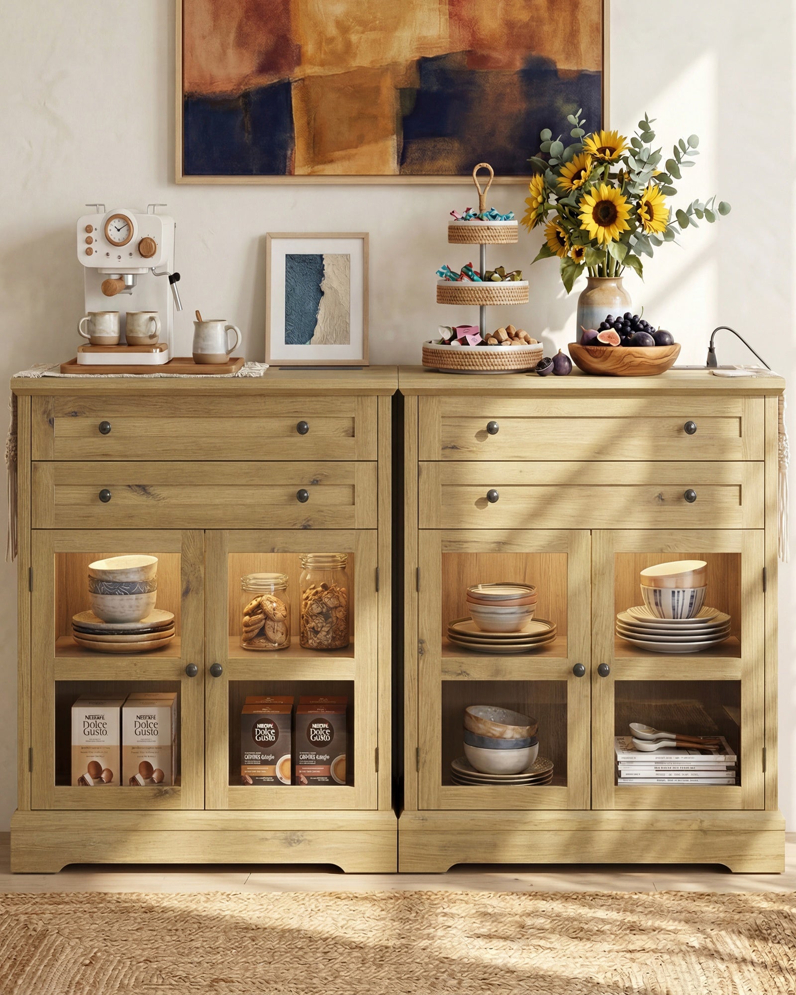 41" Tall Buffet Cabinet with Storage, Modern Farmhouse Sideboard Coffee Bar Cabinet with Built-in Power Outlets & RGB LED Lights, Small Kitchen Accent Cabinet with Glass Doors, 31.5" W, Black