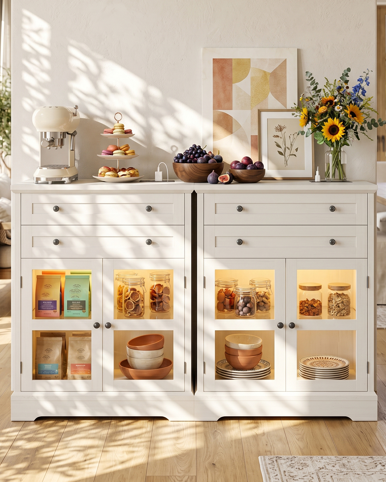 41" Tall Buffet Cabinet with Storage, Modern Farmhouse Sideboard Coffee Bar Cabinet with Built-in Power Outlets & RGB LED Lights, Small Kitchen Accent Cabinet with Glass Doors, 31.5" W, Black