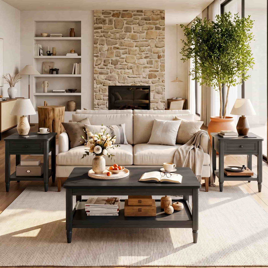 Farmhouse Coffee Table and End Table Set of 3, 40" Coffee Table with Storage & 2 End Tables with Charging Station, Living Room Table Set