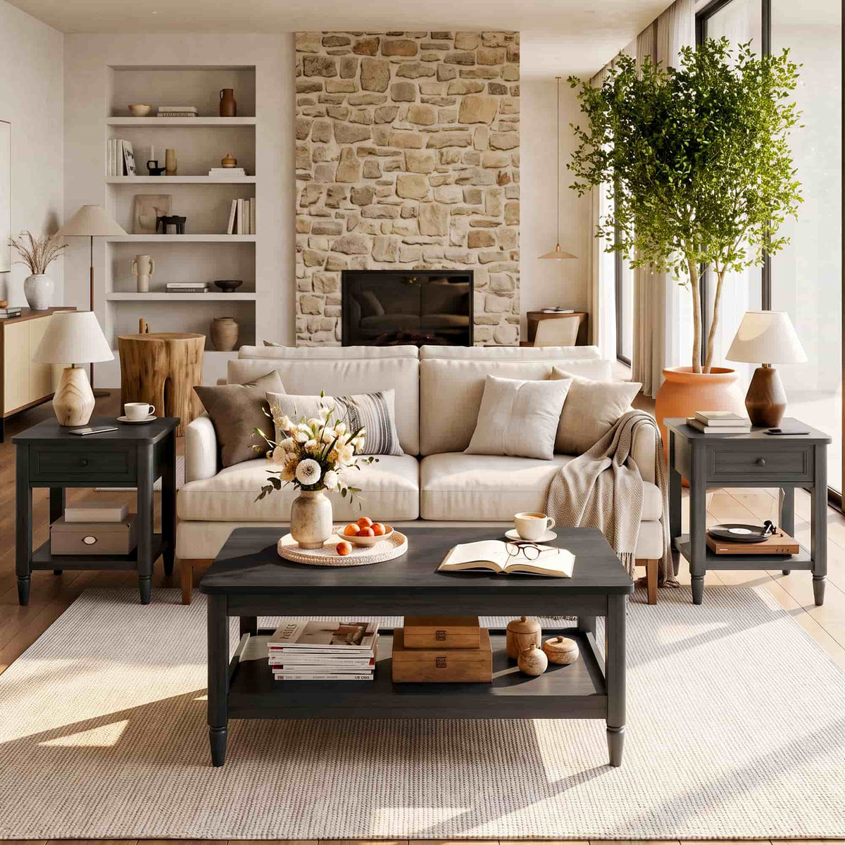 Farmhouse Coffee Table and End Table Set of 3, 40" Coffee Table with Storage & 2 End Tables with Charging Station, Living Room Table Set