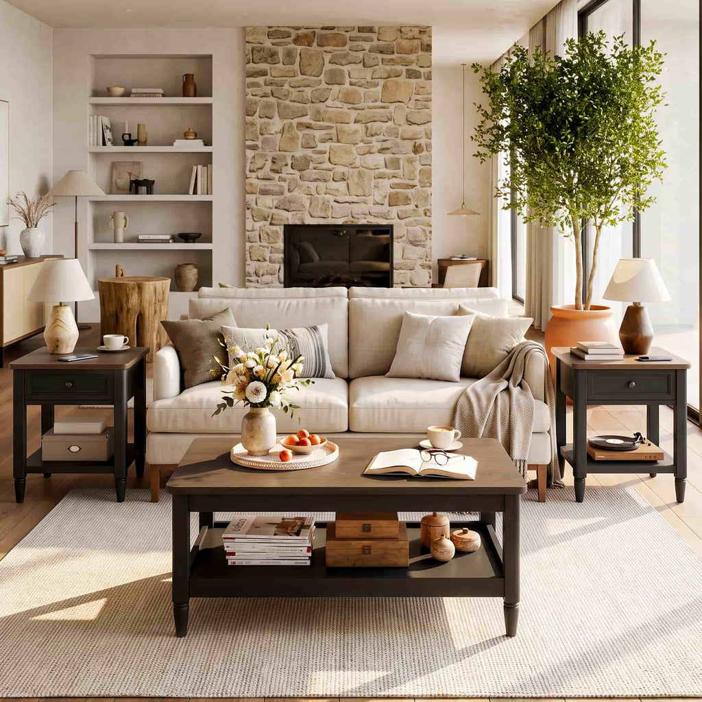 Farmhouse Coffee Table and End Table Set of 3, 40" Coffee Table with Storage & 2 End Tables with Charging Station, Living Room Table Set