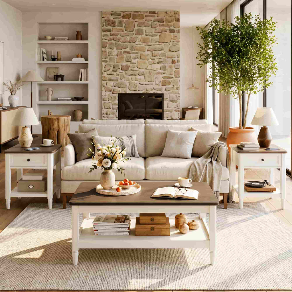 Farmhouse Coffee Table and End Table Set of 3, 40" Coffee Table with Storage & 2 End Tables with Charging Station, Living Room Table Set