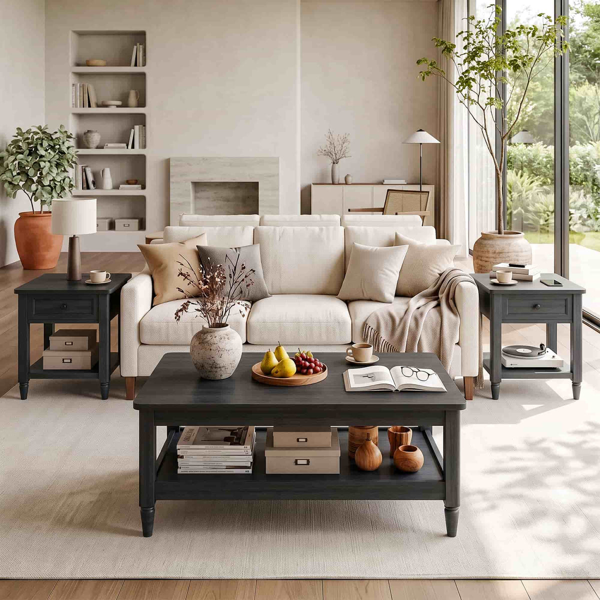 Farmhouse Coffee Table and End Table Set of 3, 40" Coffee Table with Storage & 2 End Tables with Charging Station, Living Room Table Set