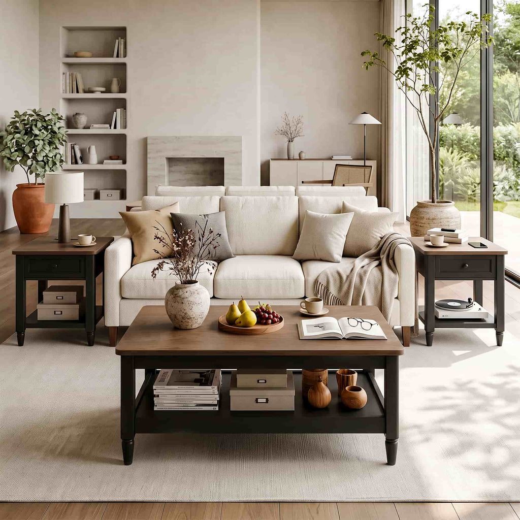 Farmhouse Coffee Table and End Table Set of 3, 40" Coffee Table with Storage & 2 End Tables with Charging Station, Living Room Table Set