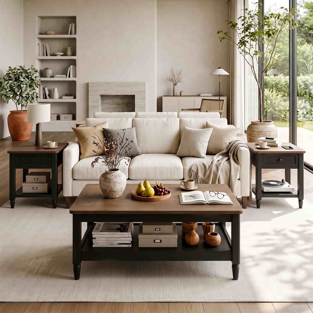 Farmhouse Coffee Table and End Table Set of 3, 40" Coffee Table with Storage & 2 End Tables with Charging Station, Living Room Table Set
