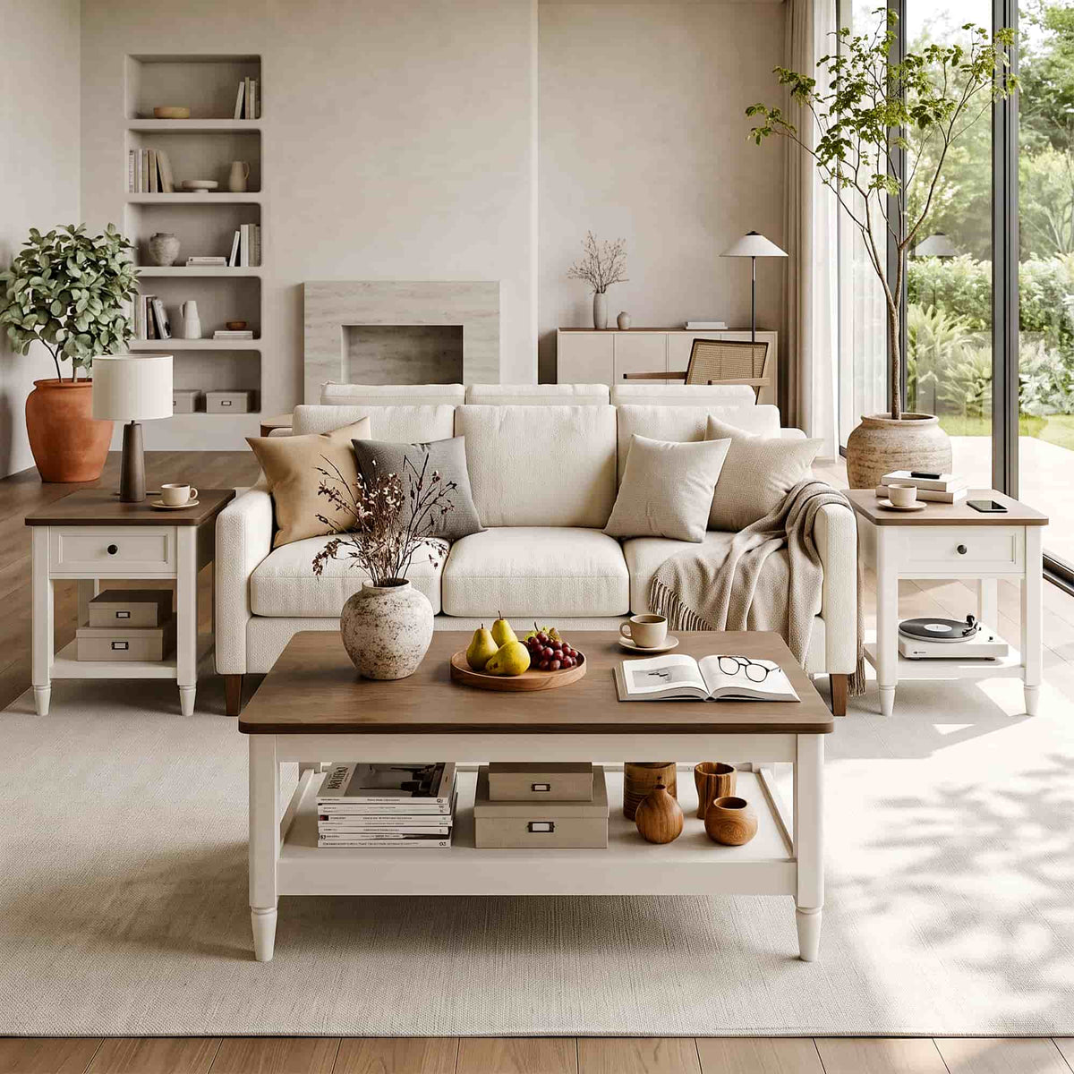 Farmhouse Coffee Table and End Table Set of 3, 40" Coffee Table with Storage & 2 End Tables with Charging Station, Living Room Table Set