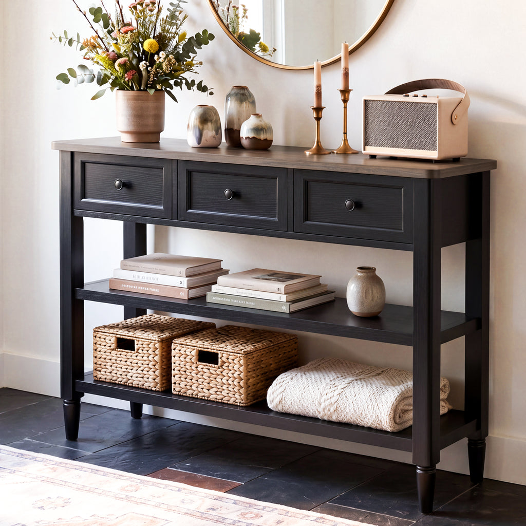 43-Inch Entryway Table with Storage, 12-Inch Deep Narrow Console Table with 3 Drawers and 2 Shelves, Farmhouse Sofa Table Behind Couch for Hallway, Foyer, Living Room