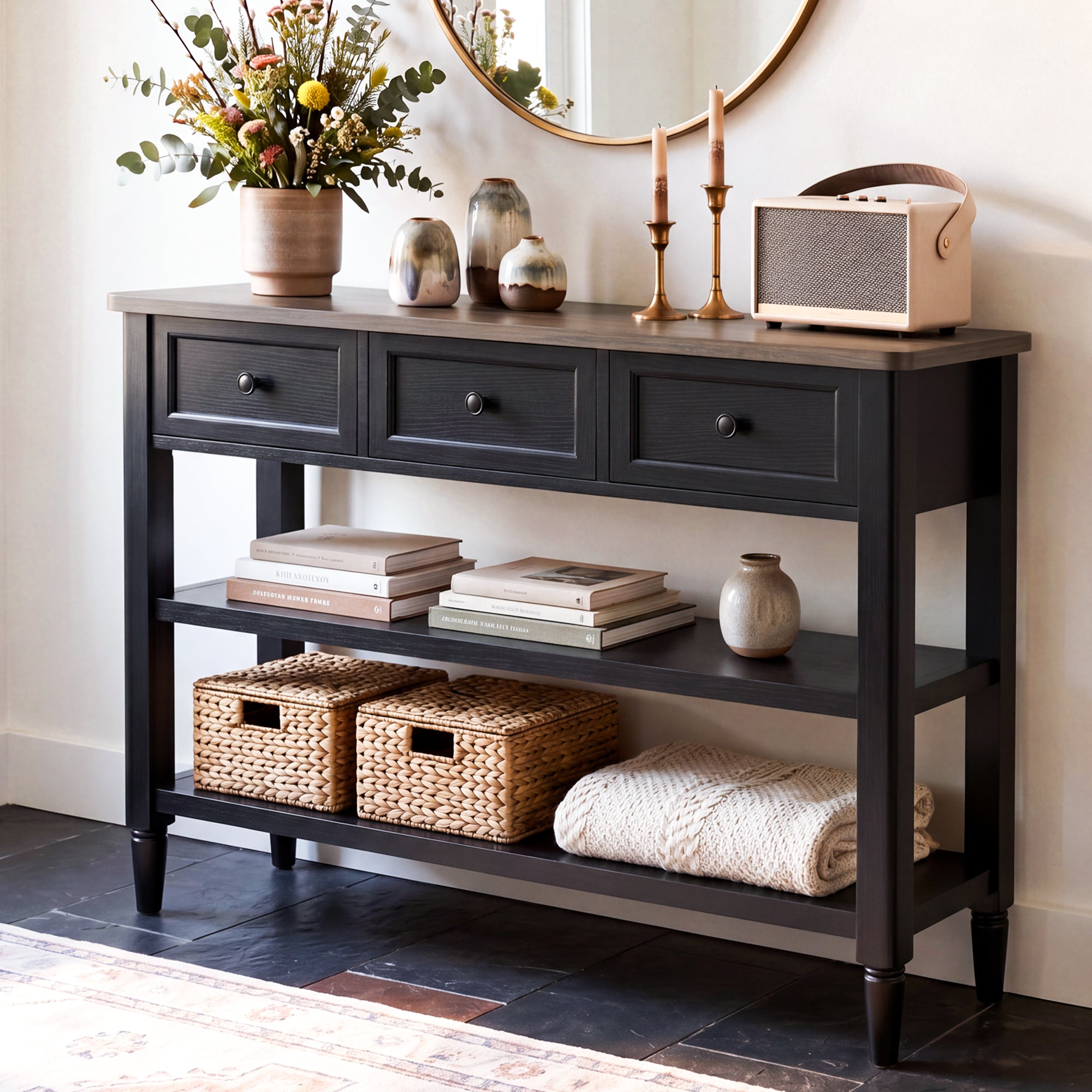 43-Inch Entryway Table with Storage, 12-Inch Deep Narrow Console Table with 3 Drawers and 2 Shelves, Farmhouse Sofa Table Behind Couch for Hallway, Foyer, Living Room