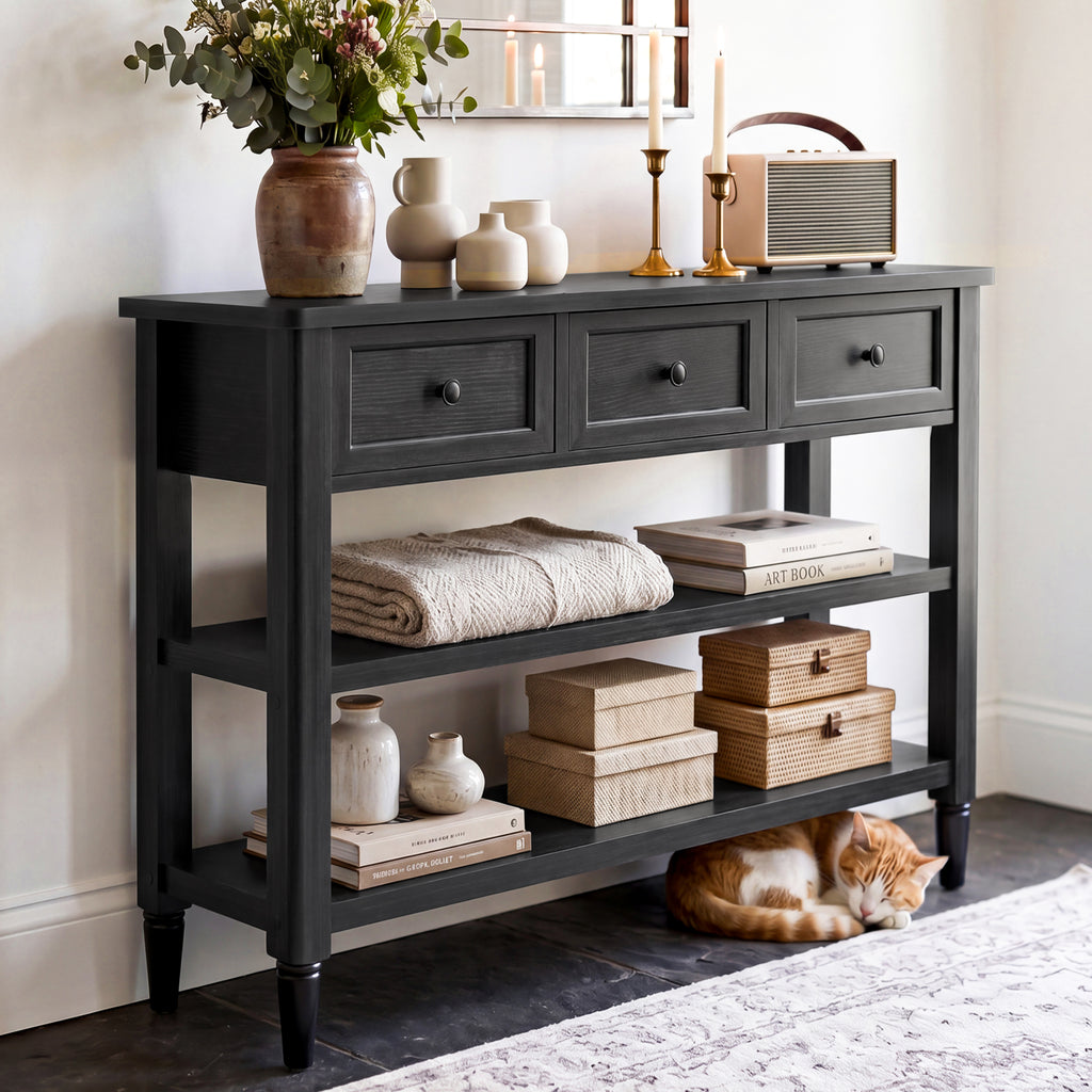 43-Inch Entryway Table with Storage, 12-Inch Deep Narrow Console Table with 3 Drawers and 2 Shelves, Farmhouse Sofa Table Behind Couch for Hallway, Foyer, Living Room