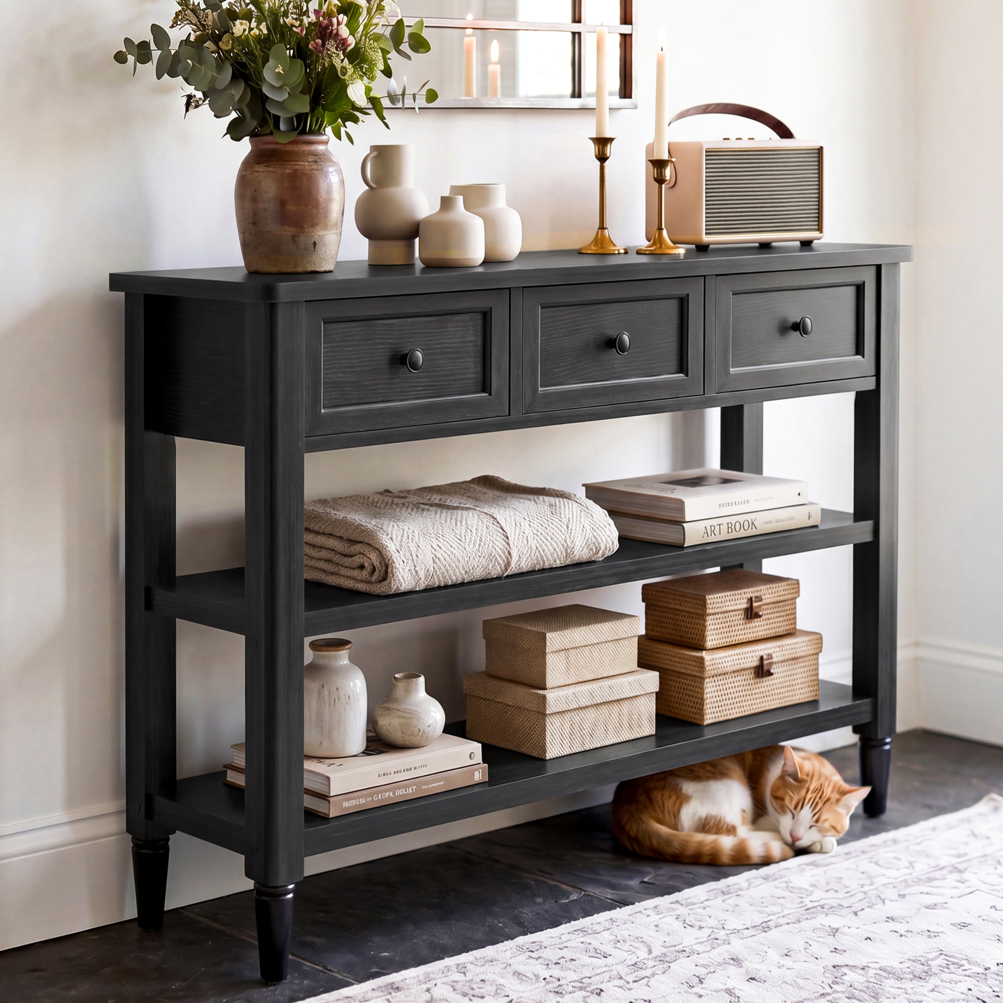 43-Inch Entryway Table with Storage, 12-Inch Deep Narrow Console Table with 3 Drawers and 2 Shelves, Farmhouse Sofa Table Behind Couch for Hallway, Foyer, Living Room