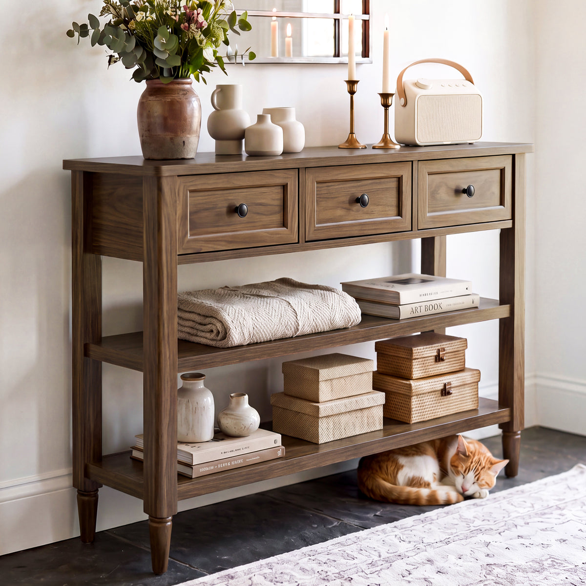 43-Inch Entryway Table with Storage, 12-Inch Deep Narrow Console Table with 3 Drawers and 2 Shelves, Farmhouse Sofa Table Behind Couch for Hallway, Foyer, Living Room