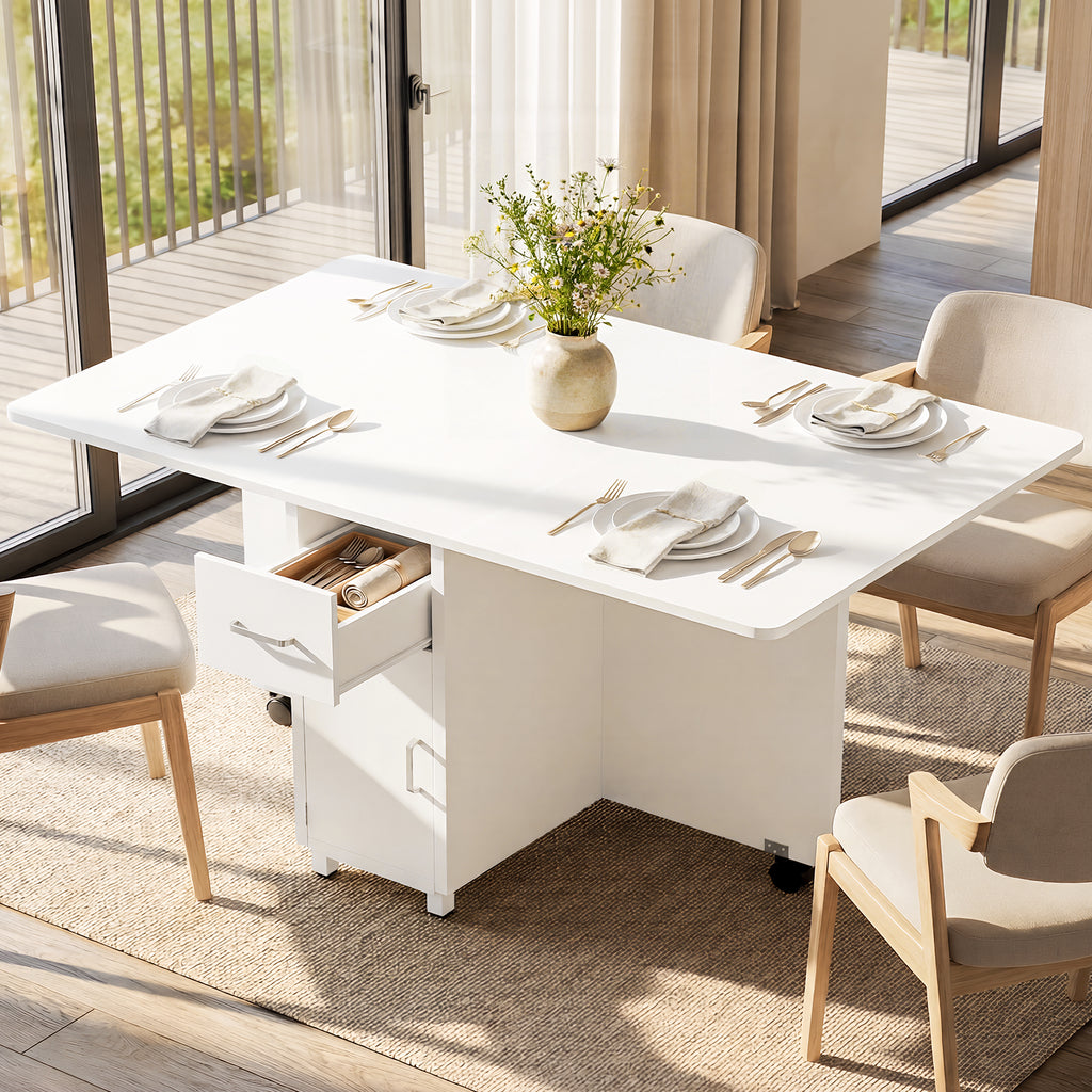 Folding Dining Table, Drop Leaf Convertible Kitchen Table for Small Spaces, Wooden Expandable Dinner Table with 1 Drawer & 2-Tier Storage Shelves, 3 Modes Multi-Use, White