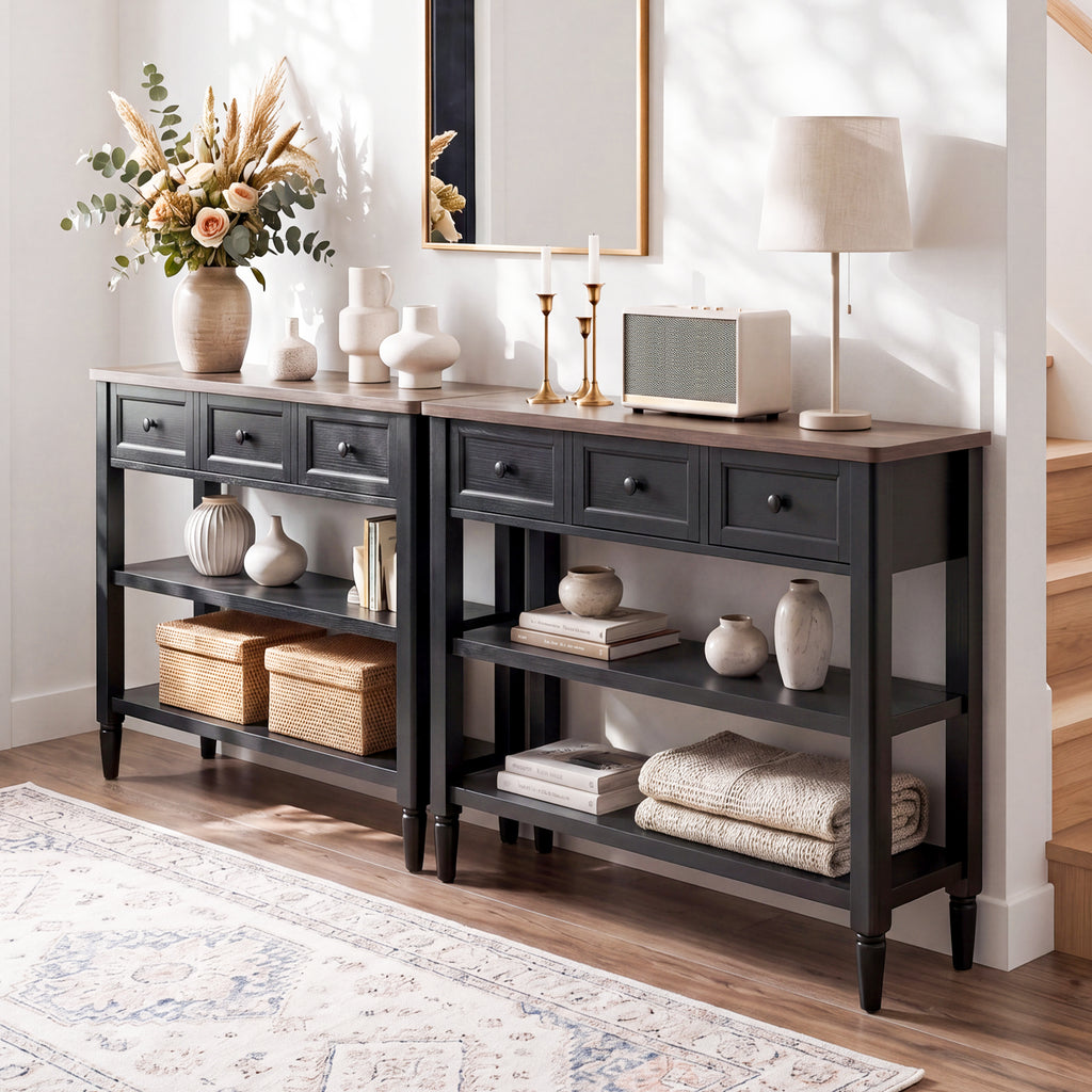 43-Inch Entryway Table with Storage, 12-Inch Deep Narrow Console Table with 3 Drawers and 2 Shelves, Farmhouse Sofa Table Behind Couch for Hallway, Foyer, Living Room