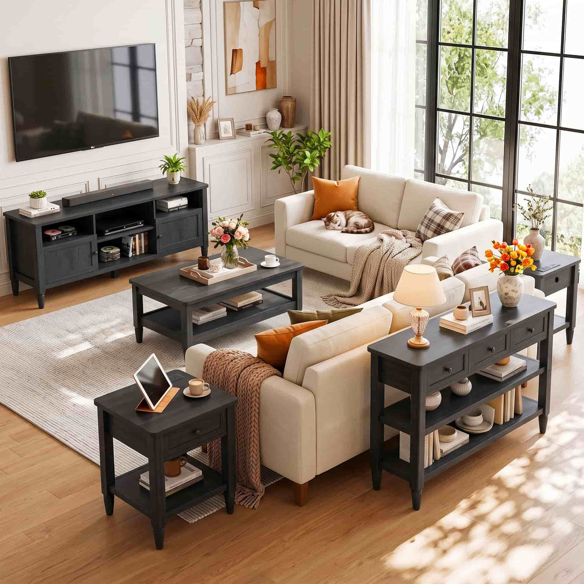 5 Piece Farmhouse Living Room Furniture Set, 55" TV Stand and 40" Coffee Table Set with 43" Console Table & 2 End Tables with Charging Stations, TVs Up to 65"