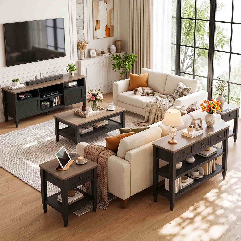 5 Piece Farmhouse Living Room Furniture Set, 55" TV Stand and 40" Coffee Table Set with 43" Console Table & 2 End Tables with Charging Stations, TVs Up to 65"