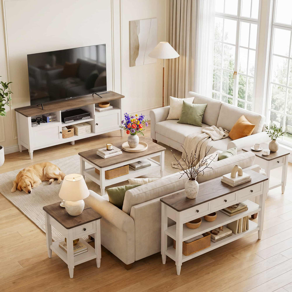 5 Piece Farmhouse Living Room Furniture Set, 55" TV Stand and 40" Coffee Table Set with 43" Console Table & 2 End Tables with Charging Stations, TVs Up to 65"