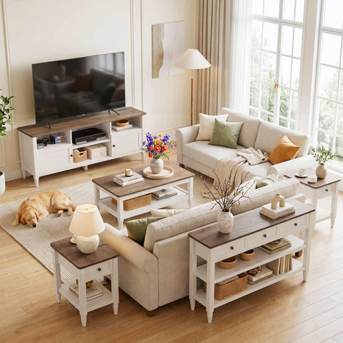 5 Piece Farmhouse Living Room Furniture Set, 55" TV Stand and 40" Coffee Table Set with 43" Console Table & 2 End Tables with Charging Stations, TVs Up to 65"