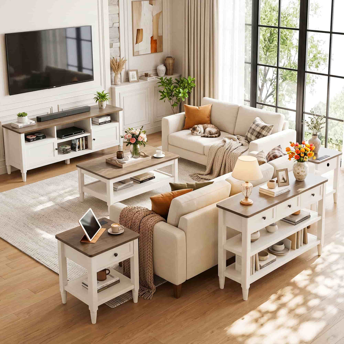 5 Piece Farmhouse Living Room Furniture Set, 55" TV Stand and 40" Coffee Table Set with 43" Console Table & 2 End Tables with Charging Stations, TVs Up to 65"