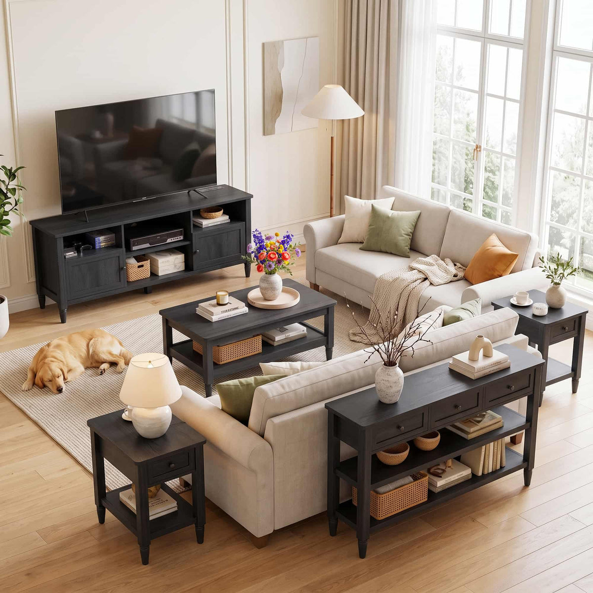 5 Piece Farmhouse Living Room Furniture Set, 55" TV Stand and 40" Coffee Table Set with 43" Console Table & 2 End Tables with Charging Stations, TVs Up to 65"