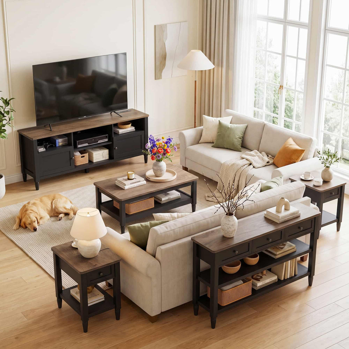 5 Piece Farmhouse Living Room Furniture Set, 55" TV Stand and 40" Coffee Table Set with 43" Console Table & 2 End Tables with Charging Stations, TVs Up to 65"