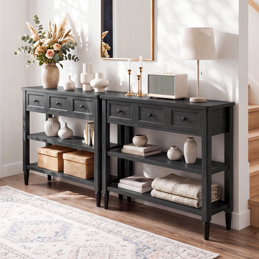 43-Inch Entryway Table with Storage, 12-Inch Deep Narrow Console Table with 3 Drawers and 2 Shelves, Farmhouse Sofa Table Behind Couch for Hallway, Foyer, Living Room