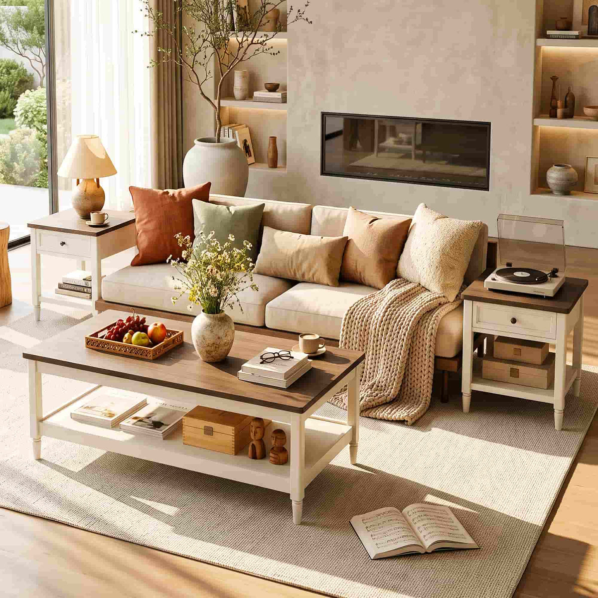 Farmhouse Coffee Table and End Table Set of 3, 40" Coffee Table with Storage & 2 End Tables with Charging Station, Living Room Table Set