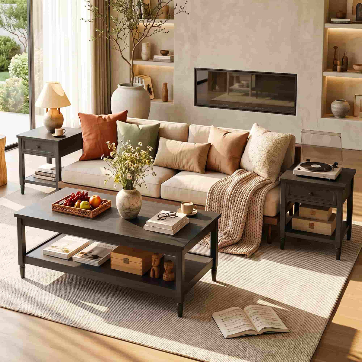 Farmhouse Coffee Table and End Table Set of 3, 40" Coffee Table with Storage & 2 End Tables with Charging Station, Living Room Table Set