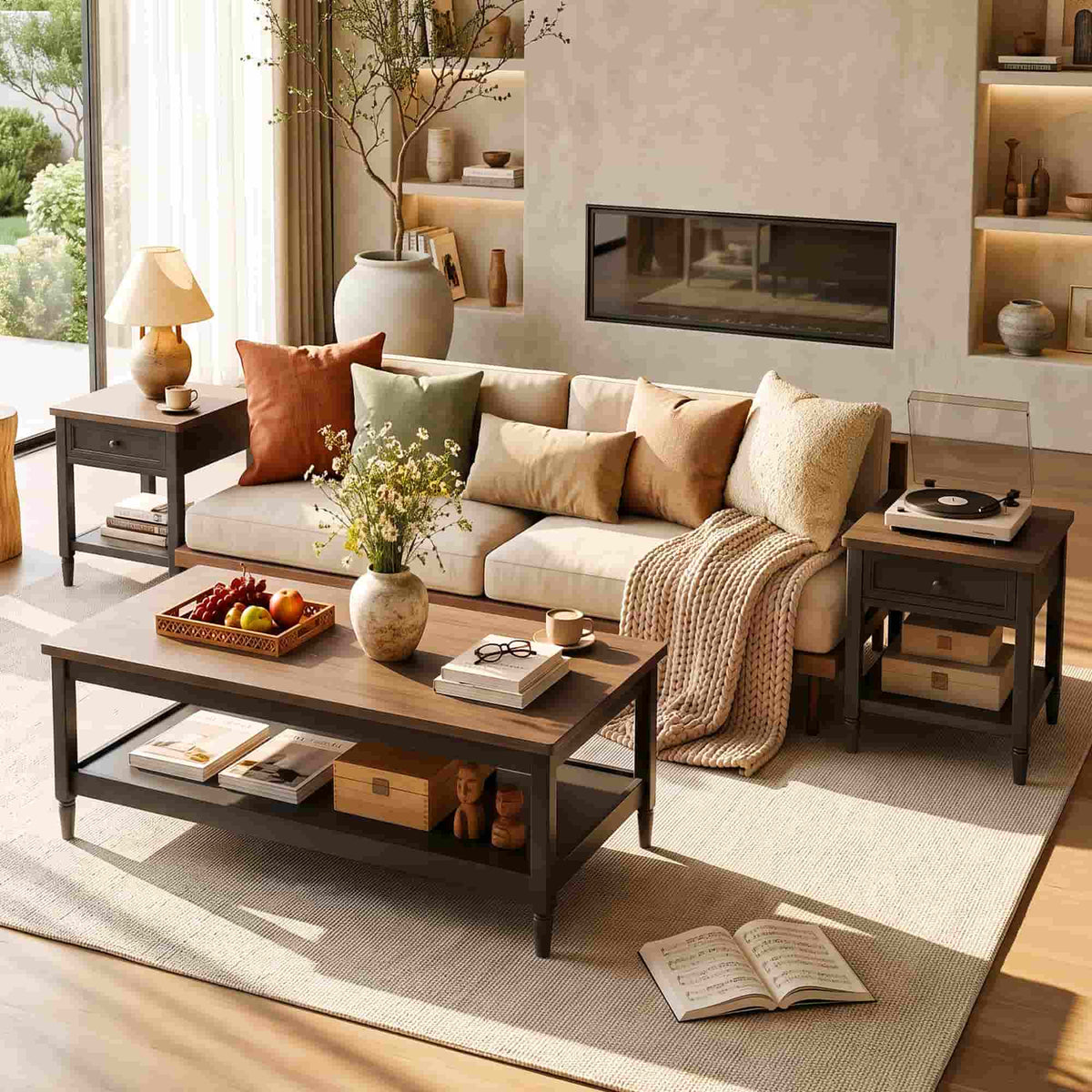 Farmhouse Coffee Table and End Table Set of 3, 40" Coffee Table with Storage & 2 End Tables with Charging Station, Living Room Table Set