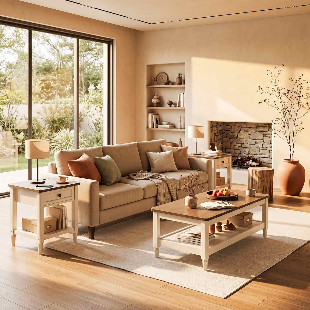 Farmhouse Coffee Table and End Table Set of 3, 40" Coffee Table with Storage & 2 End Tables with Charging Station, Living Room Table Set