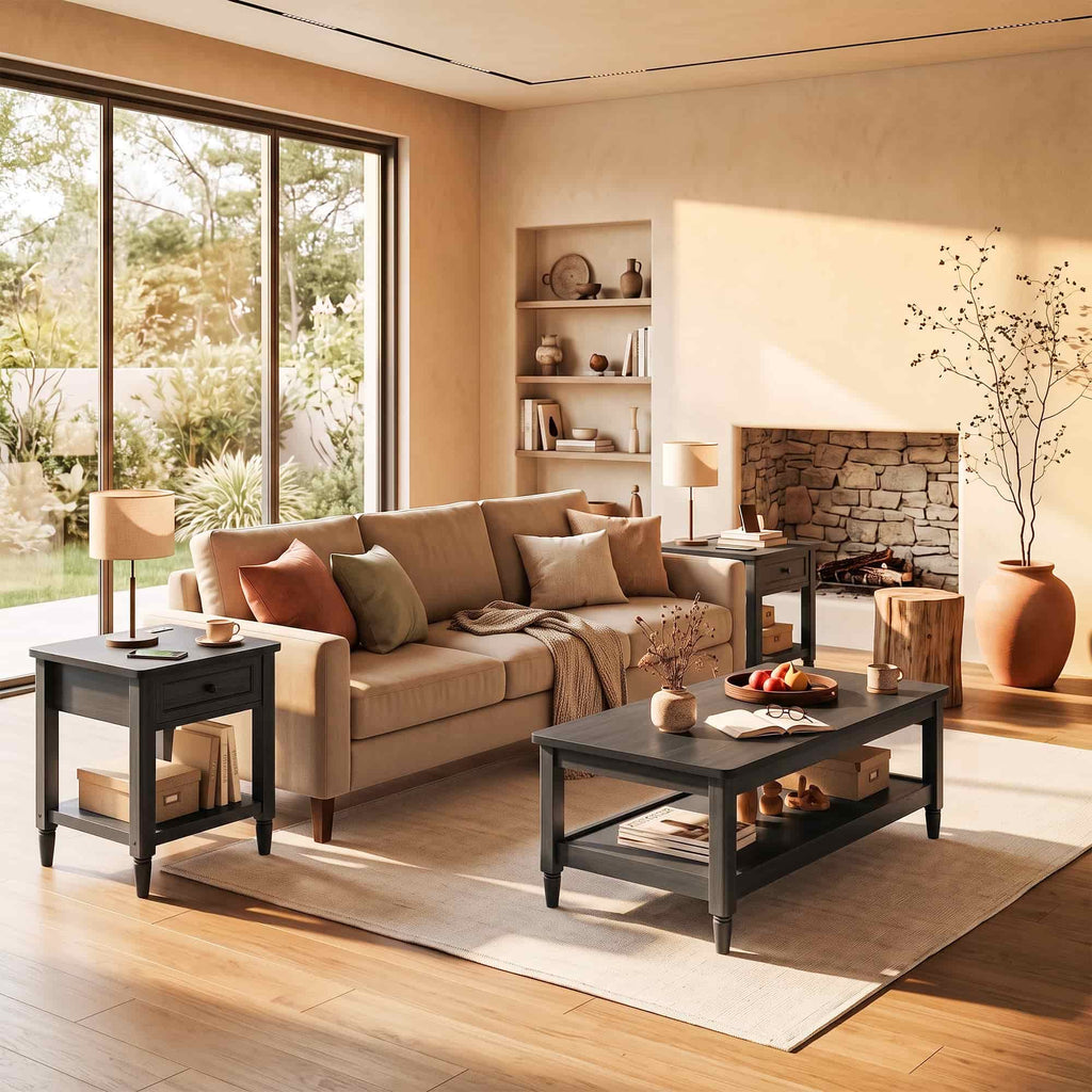 Farmhouse Coffee Table and End Table Set of 3, 40" Coffee Table with Storage & 2 End Tables with Charging Station, Living Room Table Set