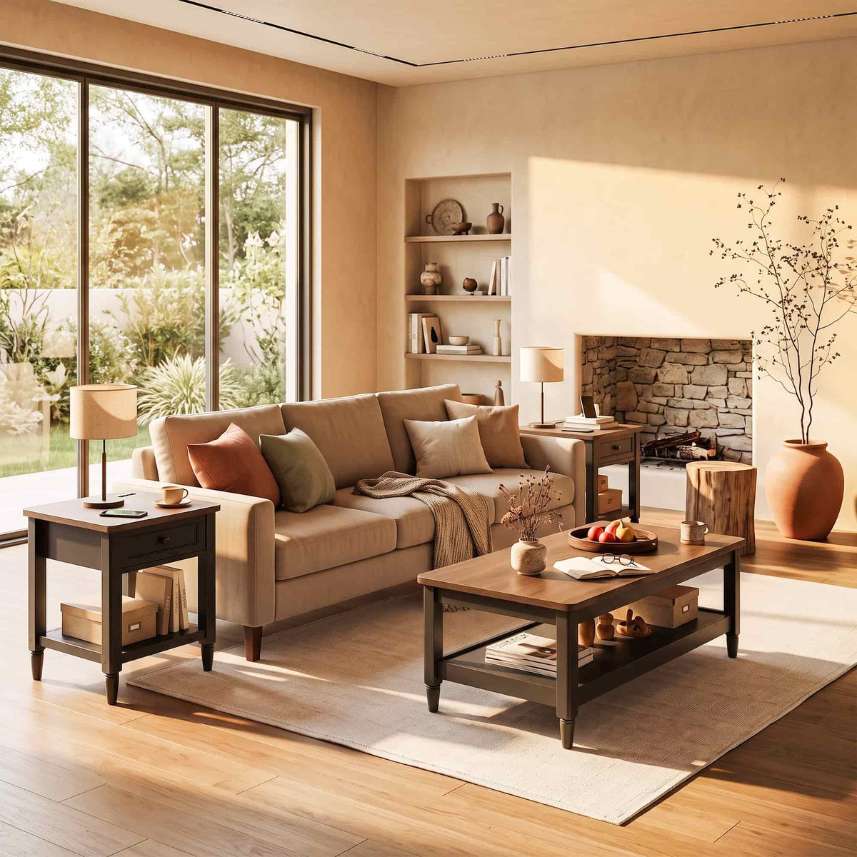 Farmhouse Coffee Table and End Table Set of 3, 40" Coffee Table with Storage & 2 End Tables with Charging Station, Living Room Table Set