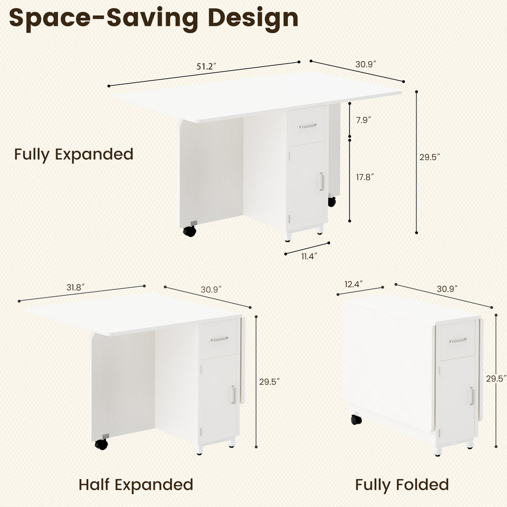 Folding Dining Table, Drop Leaf Convertible Kitchen Table for Small Spaces, Wooden Expandable Dinner Table with 1 Drawer & 2-Tier Storage Shelves, 3 Modes Multi-Use, White