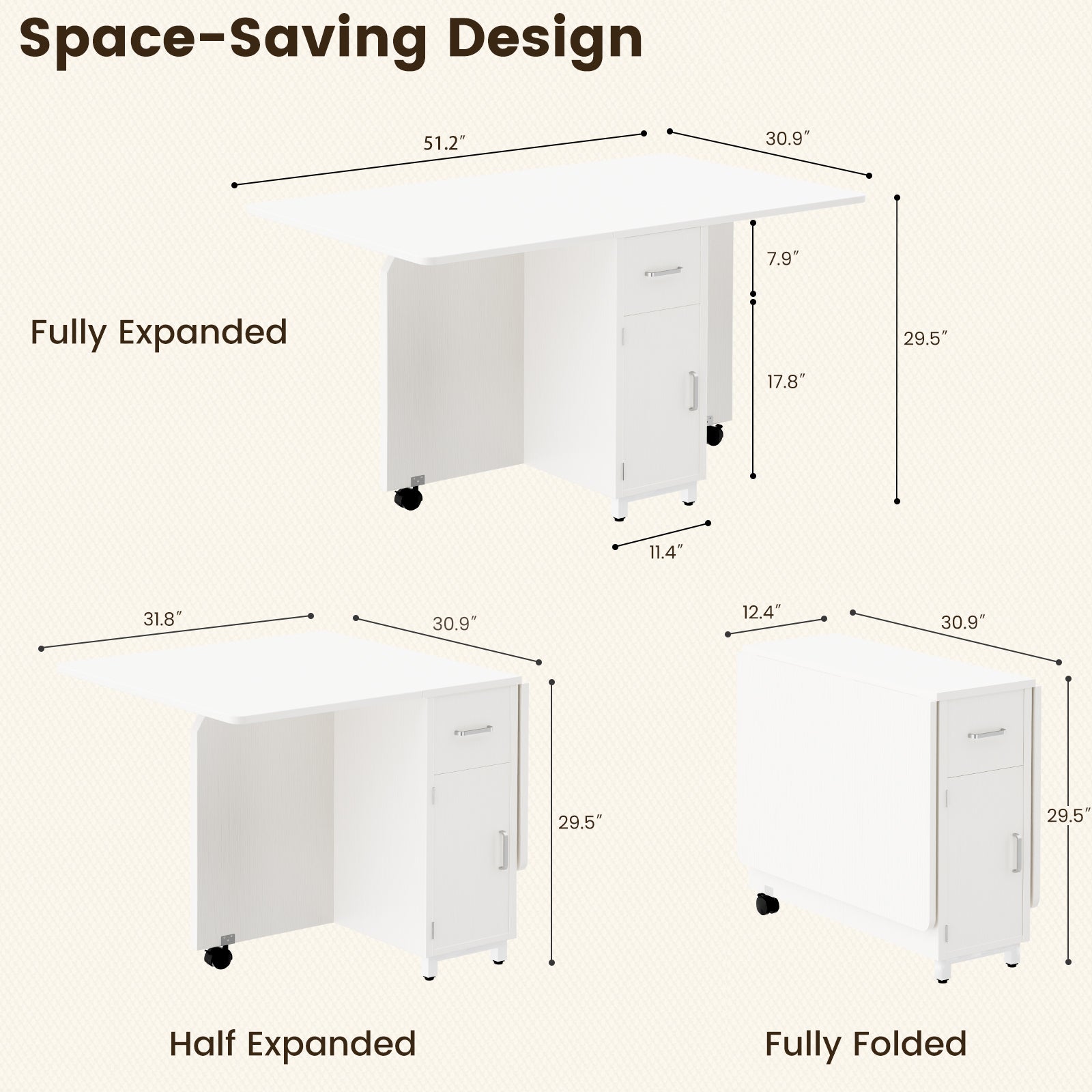 Folding Dining Table, Drop Leaf Convertible Kitchen Table for Small Spaces, Wooden Expandable Dinner Table with 1 Drawer & 2-Tier Storage Shelves, 3 Modes Multi-Use, White