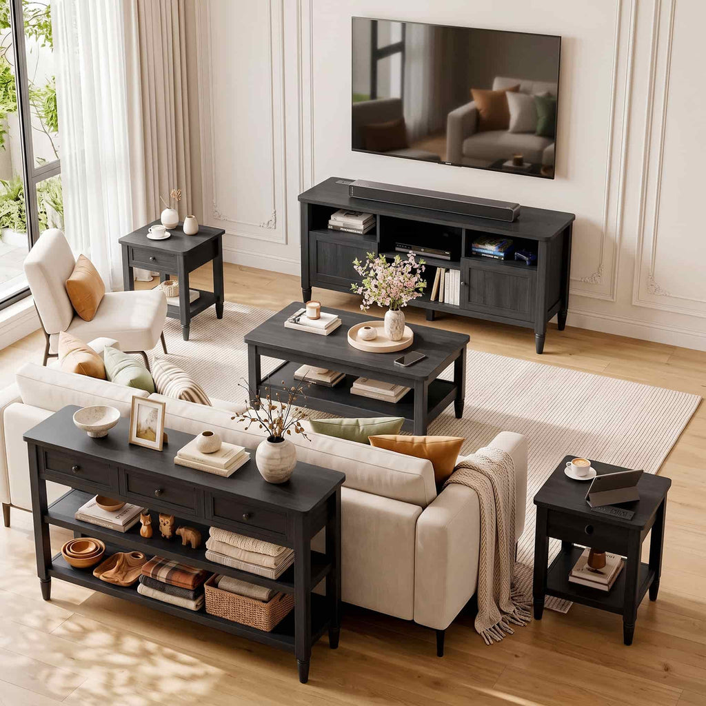 5 Piece Farmhouse Living Room Furniture Set, 55" TV Stand and 40" Coffee Table Set with 43" Console Table & 2 End Tables with Charging Stations, TVs Up to 65"
