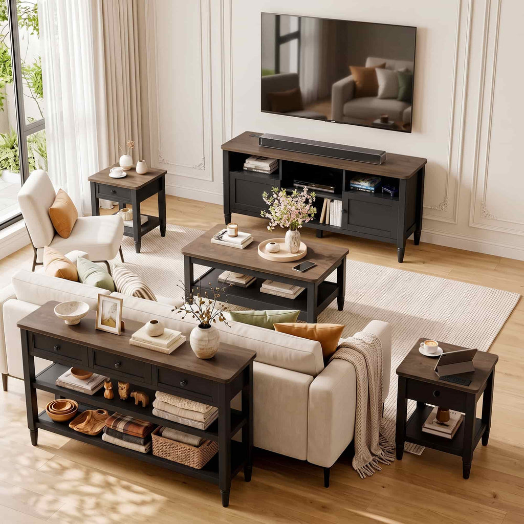 5 Piece Farmhouse Living Room Furniture Set, 55" TV Stand and 40" Coffee Table Set with 43" Console Table & 2 End Tables with Charging Stations, TVs Up to 65"