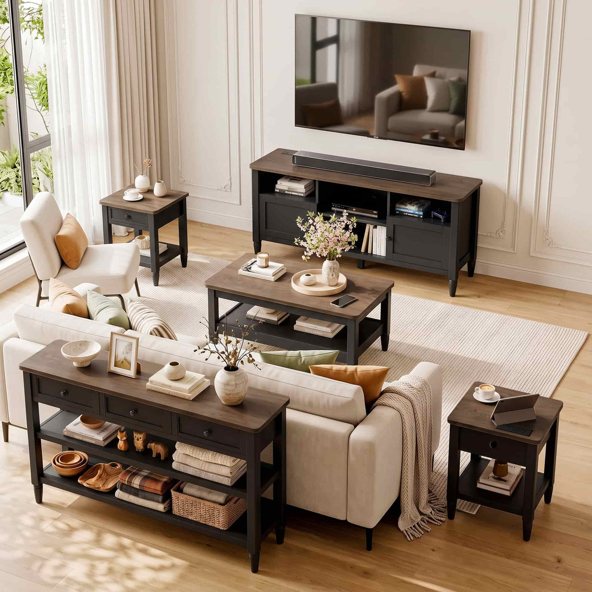 5 Piece Farmhouse Living Room Furniture Set, 55" TV Stand and 40" Coffee Table Set with 43" Console Table & 2 End Tables with Charging Stations, TVs Up to 65"