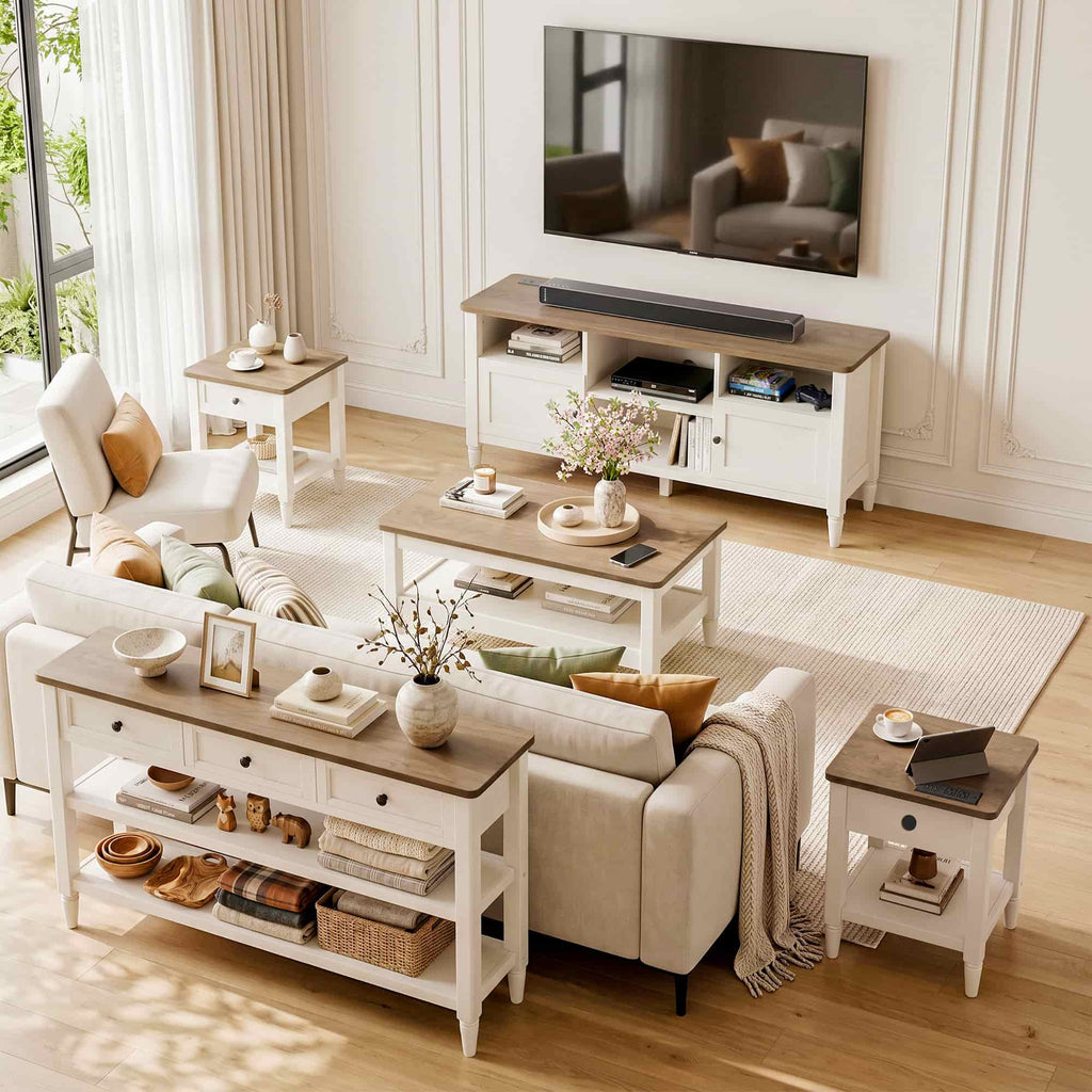 5 Piece Farmhouse Living Room Furniture Set, 55" TV Stand and 40" Coffee Table Set with 43" Console Table & 2 End Tables with Charging Stations, TVs Up to 65"