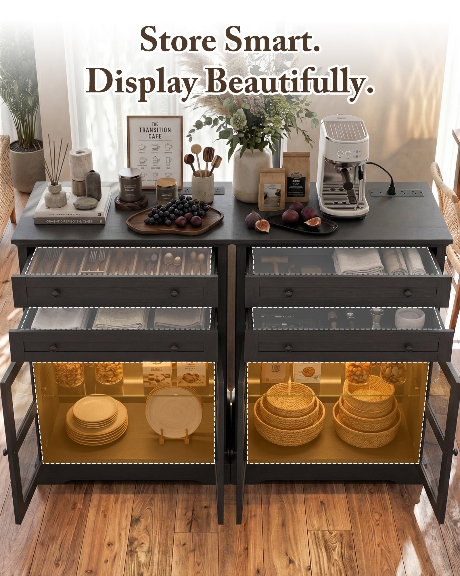 41" Tall Buffet Cabinet with Storage, Modern Farmhouse Sideboard Coffee Bar Cabinet with Built-in Power Outlets & RGB LED Lights, Small Kitchen Accent Cabinet with Glass Doors, 31.5" W, Black