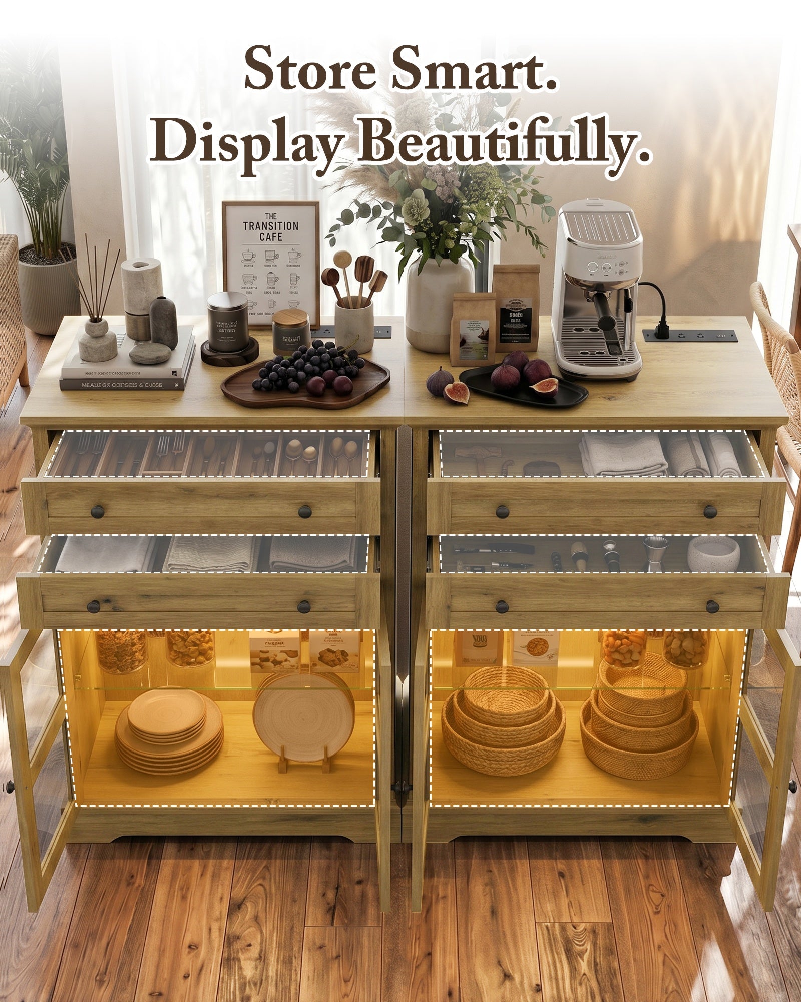 41" Tall Buffet Cabinet with Storage, Modern Farmhouse Sideboard Coffee Bar Cabinet with Built-in Power Outlets & RGB LED Lights, Small Kitchen Accent Cabinet with Glass Doors, 31.5" W, Black