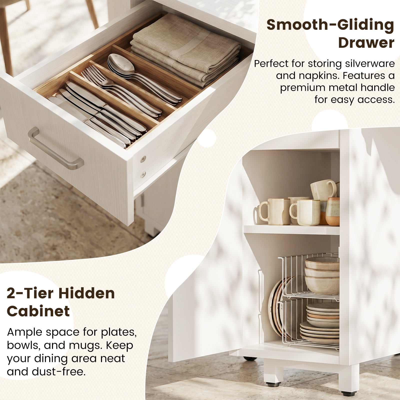 Folding Dining Table, Drop Leaf Convertible Kitchen Table for Small Spaces, Wooden Expandable Dinner Table with 1 Drawer & 2-Tier Storage Shelves, 3 Modes Multi-Use, White