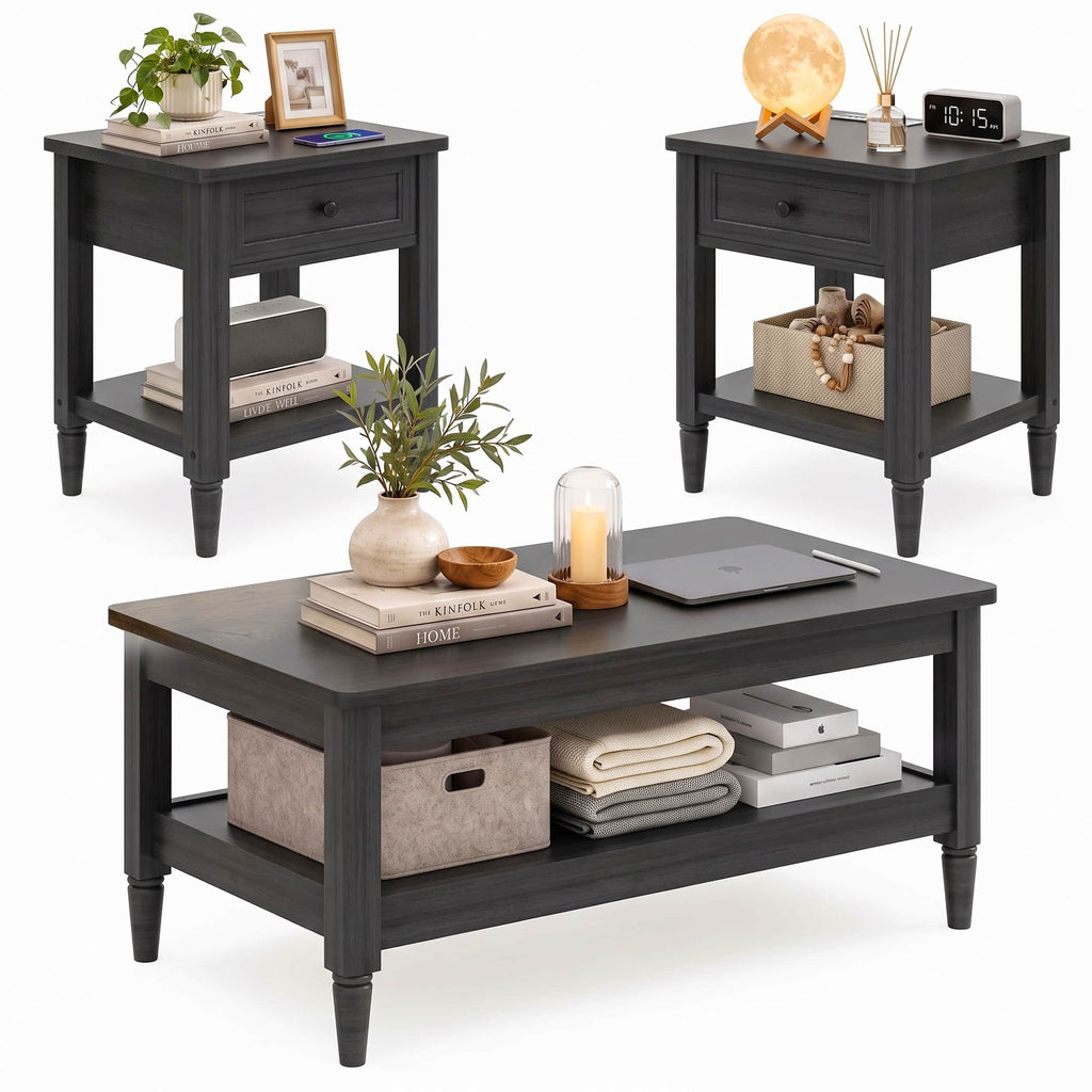 Farmhouse Coffee Table and End Table Set of 3, 40" Coffee Table with Storage & 2 End Tables with Charging Station, Living Room Table Set