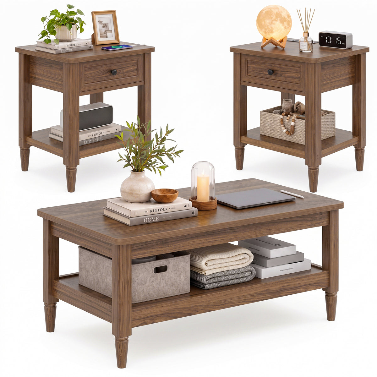 Farmhouse Coffee Table and End Table Set of 3, 40" Coffee Table with Storage & 2 End Tables with Charging Station, Living Room Table Set