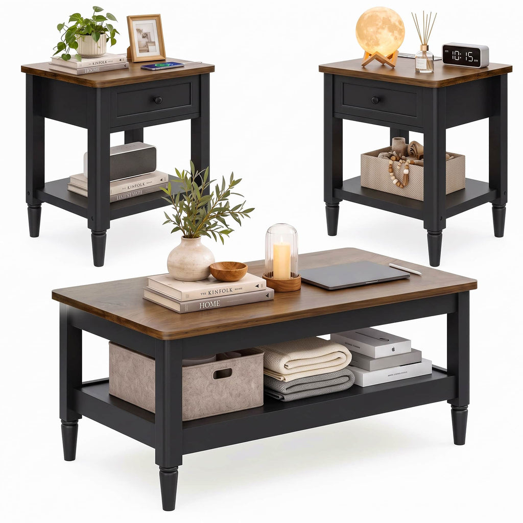 Farmhouse Coffee Table and End Table Set of 3, 40" Coffee Table with Storage & 2 End Tables with Charging Station, Living Room Table Set