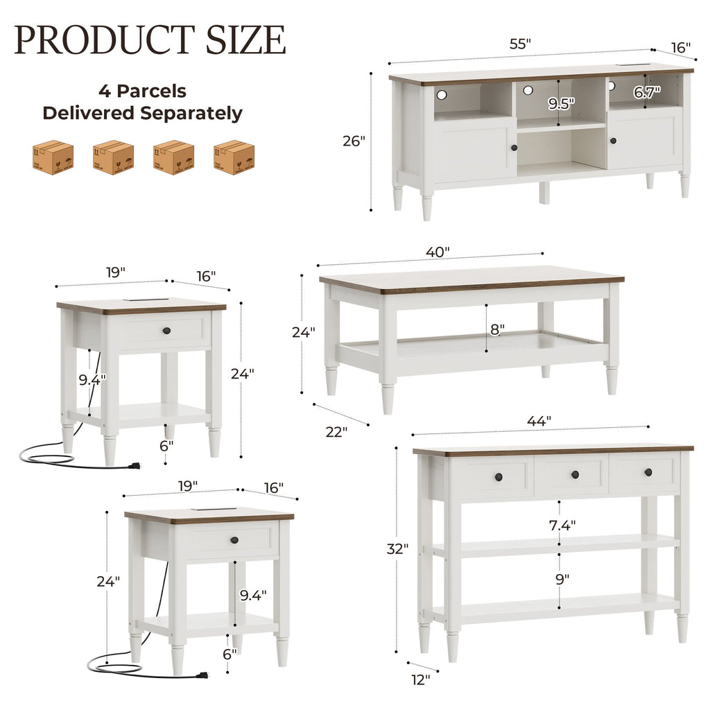 5 Piece Farmhouse Living Room Furniture Set, 55" TV Stand and 40" Coffee Table Set with 43" Console Table & 2 End Tables with Charging Stations, TVs Up to 65"