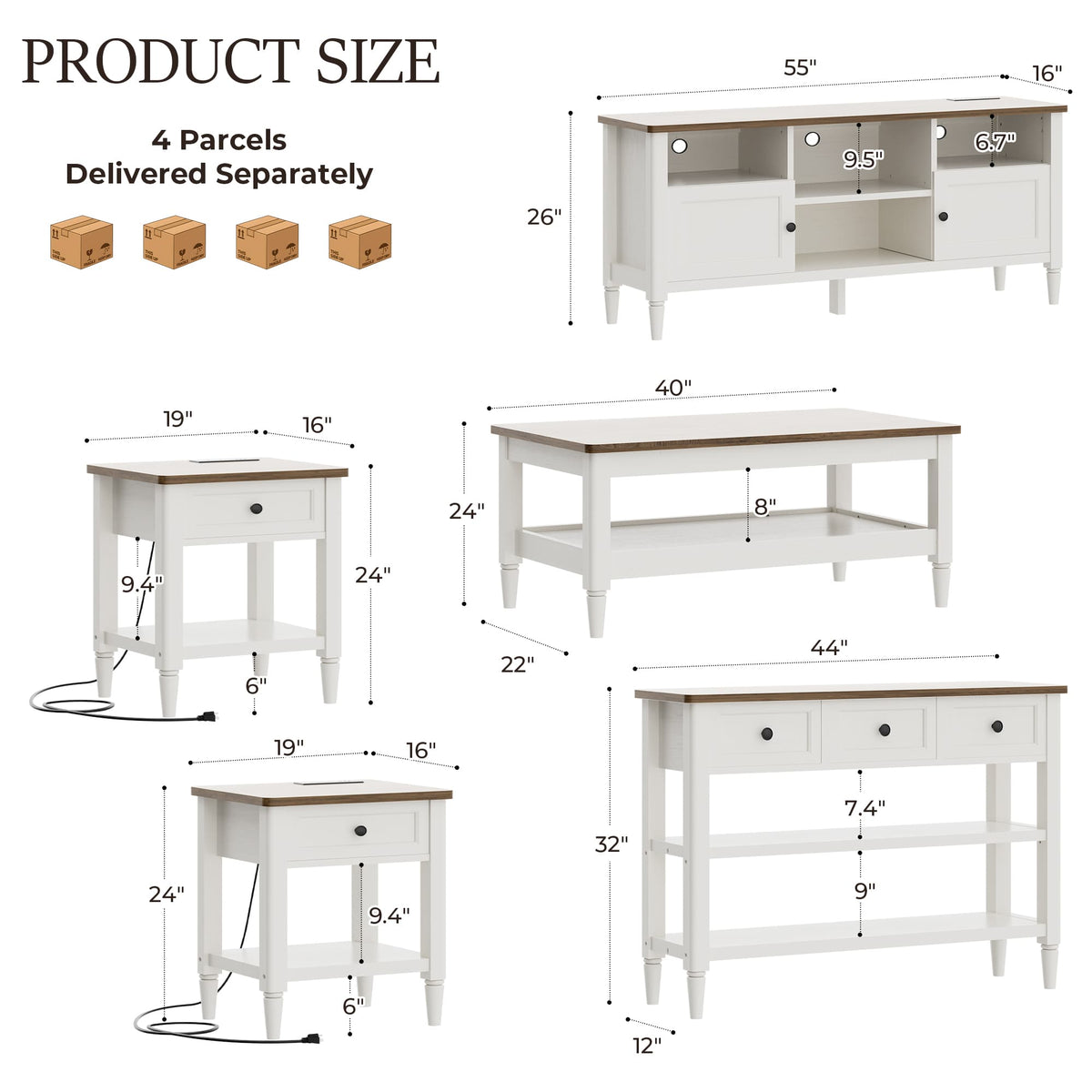 5 Piece Farmhouse Living Room Furniture Set, 55" TV Stand and 40" Coffee Table Set with 43" Console Table & 2 End Tables with Charging Stations, TVs Up to 65"