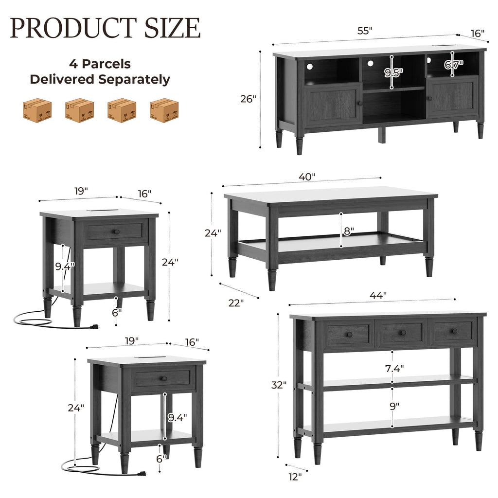 5 Piece Farmhouse Living Room Furniture Set, 55" TV Stand and 40" Coffee Table Set with 43" Console Table & 2 End Tables with Charging Stations, TVs Up to 65"
