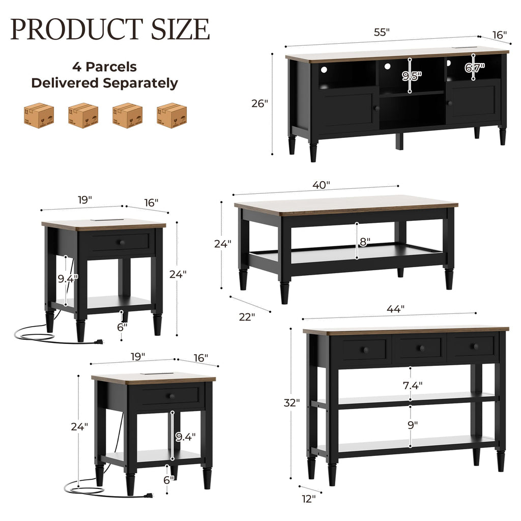 5 Piece Farmhouse Living Room Furniture Set, 55" TV Stand and 40" Coffee Table Set with 43" Console Table & 2 End Tables with Charging Stations, TVs Up to 65"